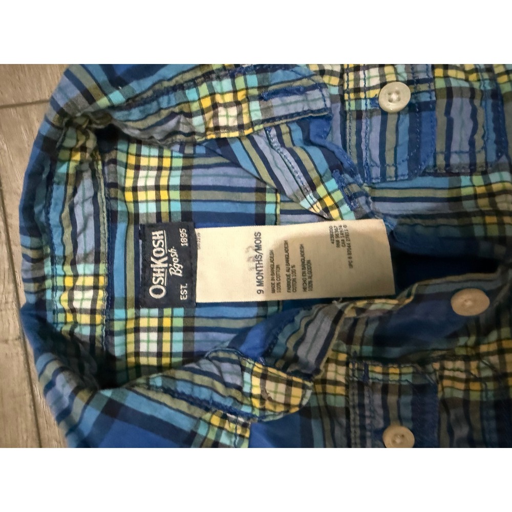 OshKosh Bgosh Baby Boys Blue Plaid Long Sleeve Button Front Bodysuit 9 Months - Picture 2 of 4